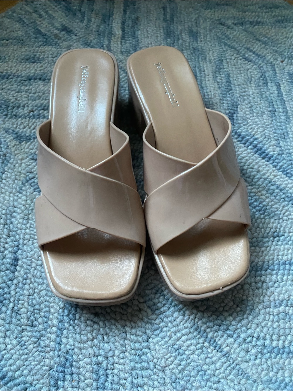 Cross-Strap Square-Toe Slide Mules in Light Beige with Jelly Straps